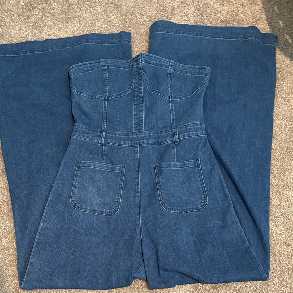 Denim Strapless Jumpsuit - Blue